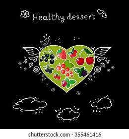 Green heart shape made of berries, hand-drawn wings, clouds and hearts on black background. Vector illustration with text. Healthy dessert