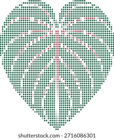 Green heart shape made of small dots with red and white details on white background