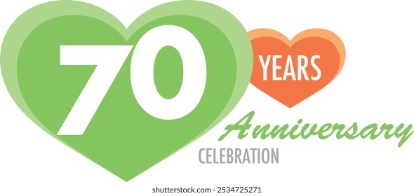 green heart shape with number of 70 white color. orange heart shape with words years white color and anniversary celebration, isolated on white background.