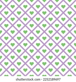 Green heart shape on white and purple square background. Happy Valentine's day. Heart pattern on diagonal purple line backdrop.