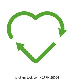 Green heart shape recycle icon. Reuse, renew, recycling materials, concept. Eco friendly concept. 