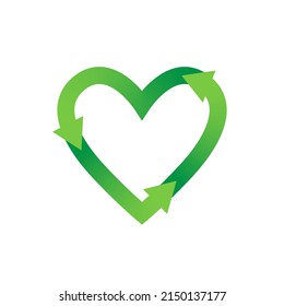 Green heart shape recycle icon. Eco friendly recycle symbol sign with arrows. Save the planet Earth, ecology environment sustainability concept. Reuse, renew, recycle. Flat vector design element.