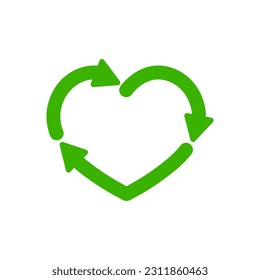 Green heart shape recycle icon, Recycling rotation arrow sign, Reusable ecological preservation, Eco friendly concept, Vector illustration