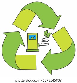 Símbolo de forma de corazón verde con flecha. Logo de reciclaje, signo de cuidado ambiental. El símbolo de la máquina de recarga representa la plantación de un árbol nuevo.