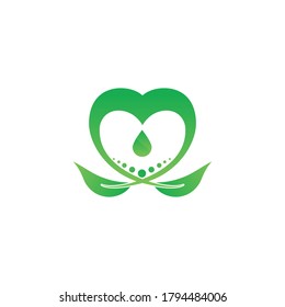 Green heart shape and two leaves with water drop. Can be used for eco, vegan, herbal healthcare or nature care concept logo design.