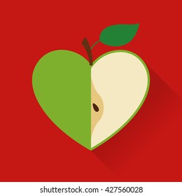 Green heart shaped apple with long shadow vector. Healthy concept flat design illustration. 