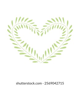 Green heart shaped frame made of leaves isolated on white background. Hand drawn vector illustration in flat style. Love symbol, invitation, greeting card design, Valentines day