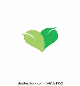 Green heart shaped logo icon design template with two leaves. Vegan logo vegan friendly.