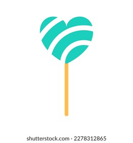 Green heart shaped lollipop flat icon isolated on white background. Fun holiday sweet sign. Striped food object symbol. Party design decoration. Birthday minimal stick candy. Treat vector illustration