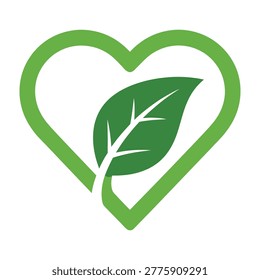A green heart shaped symbol with a leaf inside, representing eco-friendliness and love for nature, used for environmental campaigns and healthy living promotions worldwide everyday.