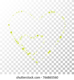 Green Heart Stars Confetti Lines on Transparent Background. Invitation Background. Banner, Greeting Card, Christmas and New Year card, Postcard, Packaging, Textile Print. Beautiful Starry Sky