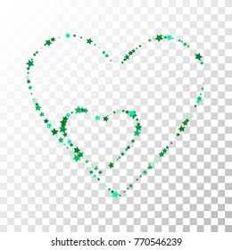 Green Heart Stars Confetti Lines on Transparent Background. Invitation Background. Banner, Greeting Card, Christmas and New Year card, Postcard, Packaging, Textile Print. Beautiful Starry Sky