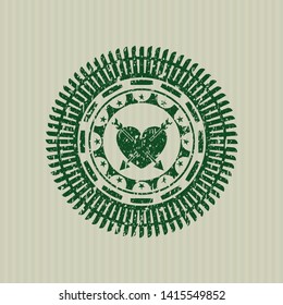 Green heart with two arrows icon inside rubber grunge texture stamp