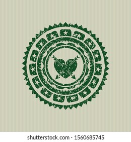 Green heart with two arrows icon inside distressed rubber stamp