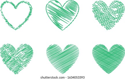 Green heart vector. Hand drawn love icon isolated. Collection of heart icon hand drawn vector for love logo, heart symbol, doodle icon, greeting card and Valentine's day. Painted grunge vector shape