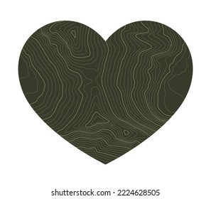 Green heart vector symbol with textured topographic contours. Isolated on white background