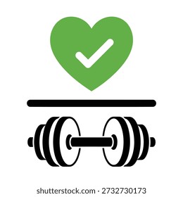 Un corazón verde con una marca de verificación blanca se coloca sobre una barra negra que simboliza un estilo de vida saludable y un compromiso de fitness aislado en un fondo transparente para una fácil integración