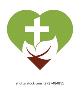 Corazón verde con la cruz blanca y el icono del elemento del Diseño gráfico del símbolo de la hoja