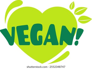 Corazón verde con la palabra vegano y hojas que simbolizan una alimentación saludable, promoviendo un estilo de vida vegano y representando el amor por los animales y el medio ambiente