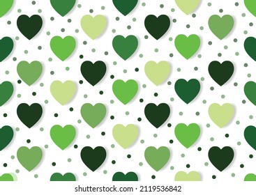 Green Hearts Color Set Pattern Vector On White Background.Cute Seamless For Wrapping,cover,tablecloth,bedsheet,fabric,tile,wallpaper And Etc.Concept Design For Valentine's Day And St. Patrick's Day.