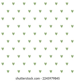 Green hearts on white background, simple basic seamless pattern. Monochrome backdrop for Valentine's Day, Easter, St Patrick's Day wrapping paper, textile, fabric, wallpaper