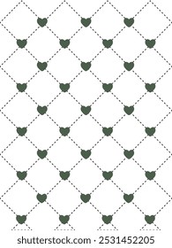 green hearts on white background with dashed diamond pattern. Ideal for romantic design projects, Valentines Day cards, and wedding invitations.