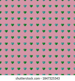 green hearts seamless pattern on pink background. Vector illustration.