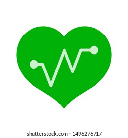 green hearts shape with beat pulse line isolated on white, heart wave icon flat, clip art heartbeat of medical apps and website, shaped heart and beat pulse cardiography, cardiology medical symbol