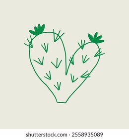 Green heart-shaped cactus line artwork evoking nature and simplicity. Vector hand drawn line art illustration