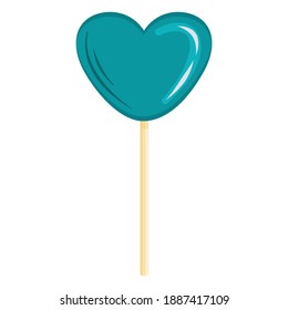 A green heart-shaped lollipop in cartoon style is isolated on a white background. Vector illustration with a sweet gift for Valentines Day.