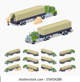 Green heavy truck and trailer with the tarpaulin tent. 3D lowpoly isometric vector illustration. The set of objects isolated against the white background and shown from different sides