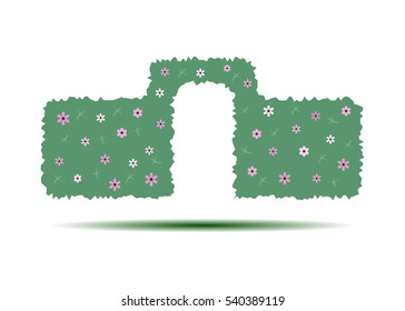 Green hedge with an arch isolated on white background. An element of landscape design. Vector illustration.
