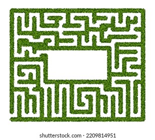 Green hedge maze with empty space in the center on a white background. Labyrinth garden. Vector illustration. Education logic game for kids. Brain trainer. Find the way and right solution for exit.