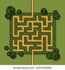 Green hedge maze top view. Vector illustration of a garden maze. Brain trainer. Educational logic game for kids.