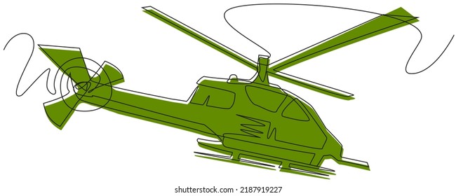 Green helicopter one line on a white background. Military aircraft in abstract doodle style. Stock vector illustration of flying military equipment. Eps with editable stroke.