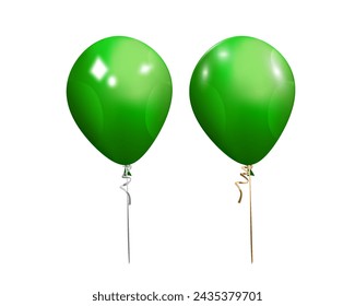 Green helium balloon. Birthday baloon flying for party and celebrations. Isolated on plaid transparent background.