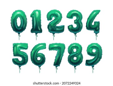 Green helium balloons glossy decorative digits, party, birthday, celebrate anniversary and wedding decoration bright icons set. Vector colorful numbers, bright foil and latex balloon from 0 to 9