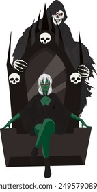 Green hell queen sitting on dead throne with grim reaper vector