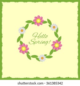 Green Hello Spring text with floral decoration