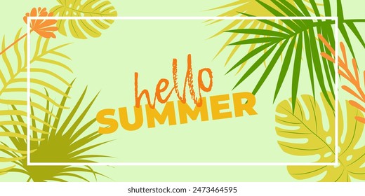 Green hello summer abstract background with tropical leaves. Design art template for social media post, mobile apps, banners design and web internet ads. Vector fashion sale banner.
