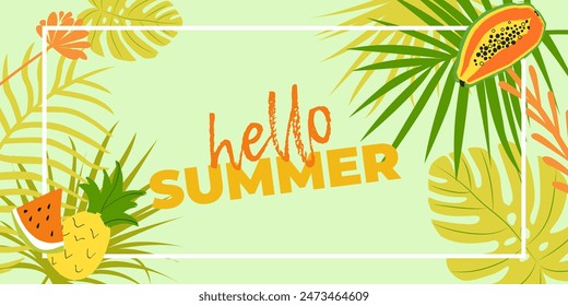 Green hello summer abstract background with tropical leaves and fruits. Design art template for social media post, mobile apps, banners design and web internet ads. Vector fashion sale banner