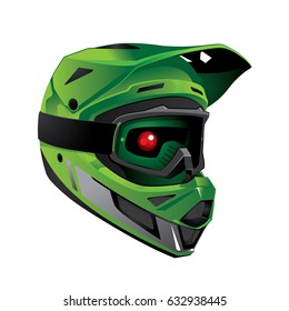 Green helmet full face for downhill mountain bike. 