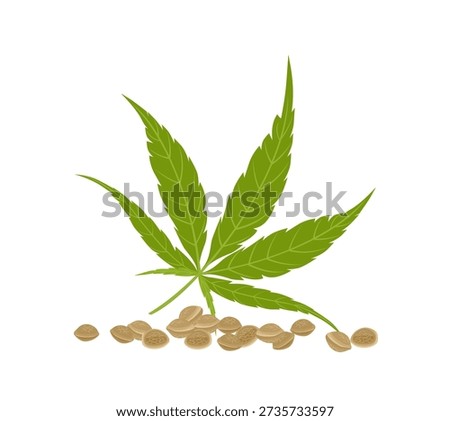 Green hemp leaf and heap of seeds isolated on white background. Vector cartoon flat illustration. 