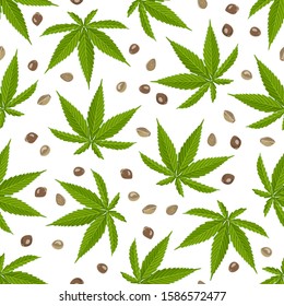 Green hemp leaves and seeds on white background. Seamless pattern. Vector illustration of cannabis in cartoon flat style.