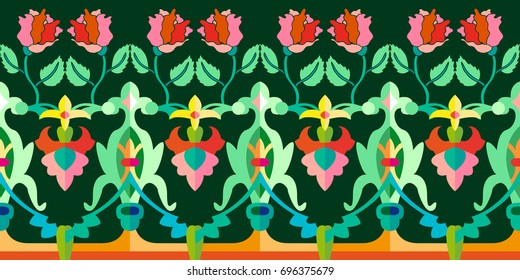 Green heraldic border with roses and geometric elements. Seamless vector pattern with Gothic and Art Nouveau motifs. Vintage textile collection.