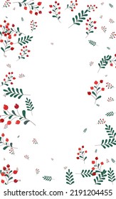 Green Herb Background White Vector. Leaf Forest Design. Pink Berries Poster. Image Texture. Leaves Decorative.