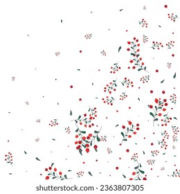 Green Herb Background White Vector. Berries Floral Texture. Pink Leaves Organic. Dry Template. Foliage Decorative.