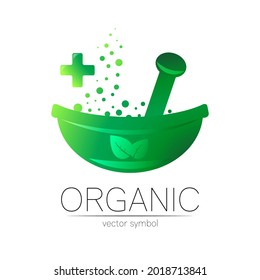 Grüne Kräuterschüssel mit Kreuzvektorlogotype. Konzeptsymbol für Medizin, Klinik, Pharmazie oder Geschäft. Naturdesign mit Blattelement. Kreatives ECO-Zeichen oder -Logo. Traditionelle Kräutertherapie.