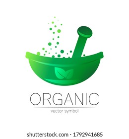 Green herbal bowl with leaf vector logotype. Concept symbol for medical, clinic, pharmacy business or shop. Nature design element. Creative ECO label or logo. Traditional herbal therapy.