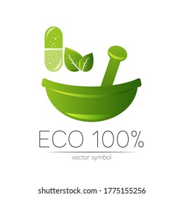 Green herbal bowl vector logotype with green leaf and capsule. Concept symbol for medical, clinic, pharmacy business or shop. . ECO label or logo. Traditional herbal therapy.